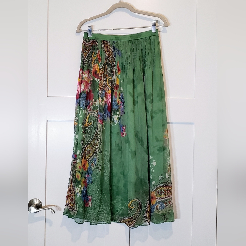 Soft Surroundings Maxi Skirt Pleated Green Floral Paisley Satiny Lined Size PXS - Picture 10 of 10